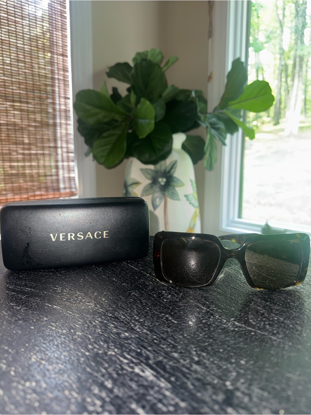 Versace Tortoise Shell Square Sunglasses with Gold Logo Accent